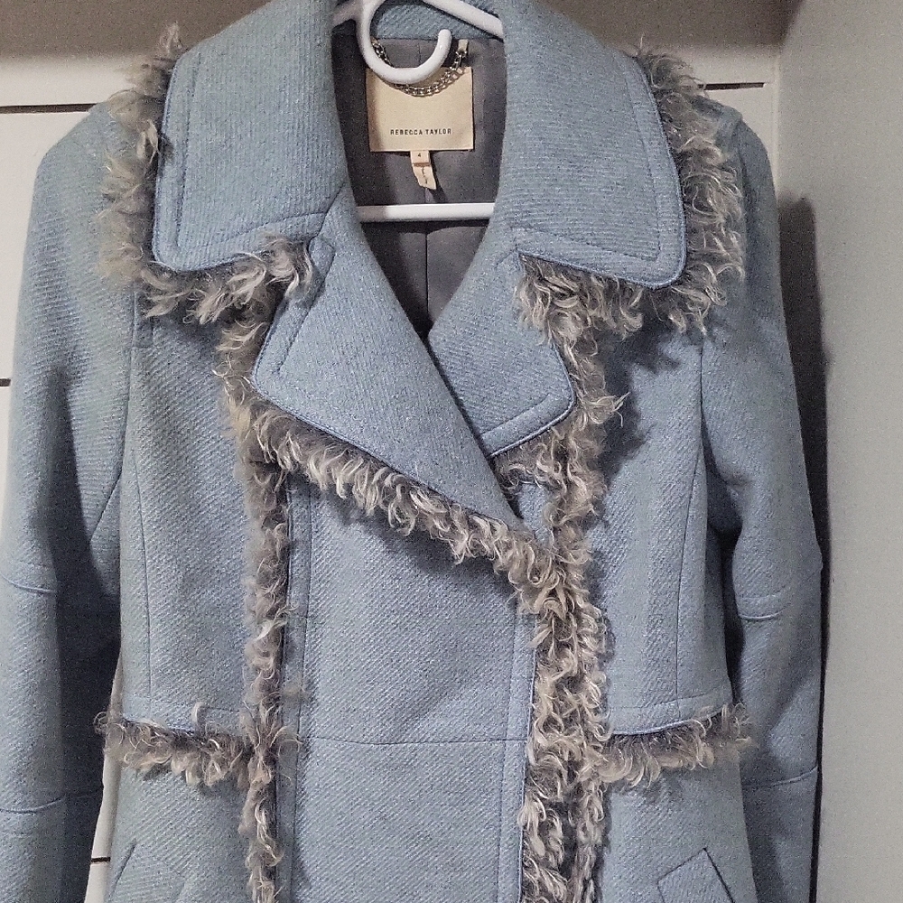 Rebecca Taylor Blue Teddy Jacket with Faux Fur Trim